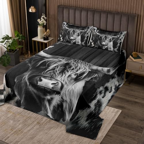 Feelyou Highland Cow Coverlet Set Cowhide Wooden Plank Highland Cattle Quilted Coverlet Bedspread for Kids Cattle Cow Fur Quilted Western Farm Animal Room Decor 3Pcs Queen Size