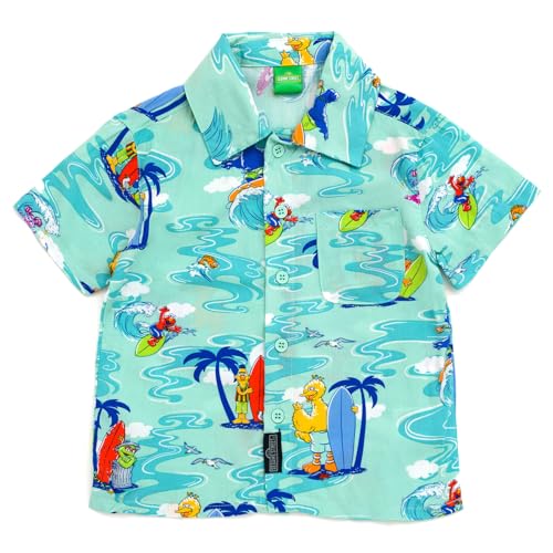 Image of Sesame Street Big Bird Cookie Monster Elmo Oscar the Grouch Matching Family Hawaiian Button Down Shirt Infant to Little Kid