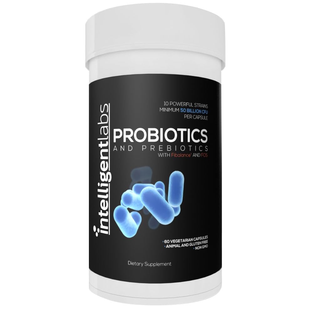 Intelligent Labs 50 Billion CFU Probiotic with Prebiotics, No Refrigeration Needed, with Sunfiber and FOS for 10x More Effectiveness, 60 Days Supply Per Bottle, Third-Party Verified for Purity