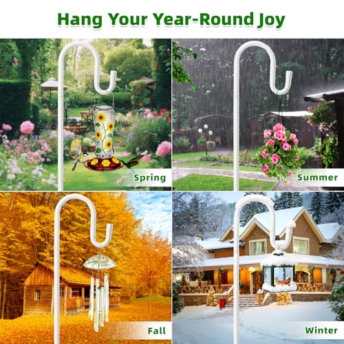 Image of 62 inch White Shepherds Hooks for Outdoor, Bird Feeder Pole with 5 Prong Base, Adjustable Height Shepherds Hook for Hummingbird Feeder, Bird Feeder, Lightweight Plant, Wind Chimes, Lanterns (1 Pack)