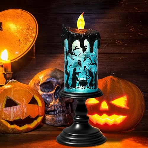 Image of Eldnacele Halloween Snow Globe Flameless Candle with Timer, Battery Operated Spooky Spinning Water Glittering Tornado Lamp LED Candlestick Table Fireplace Witch Decal Halloween Holiday Decoration
