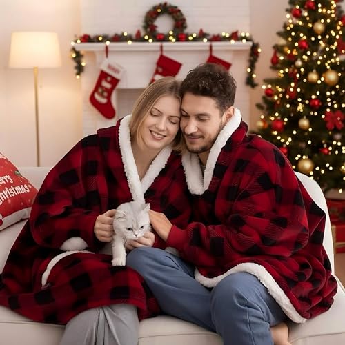 Nvatorfox 5FT Oversized Wearable Blanket Hoodie Flannel Sherpa Fleece Warm Cozy Christmas Wrap Throw Gifts for Adult (Black Red) - image 2