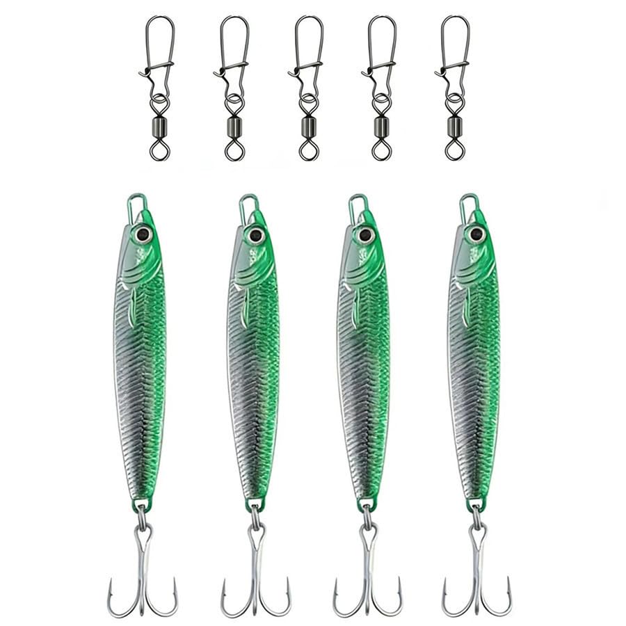 4 Pcs Metal Sea Fishing Lures with Hooks Silver Spoon Lures 20g 30g 40g Pike Sea Fishing Tackle Metal Jigs for Mackerel Cod Bass Freshwater (green, 30g)