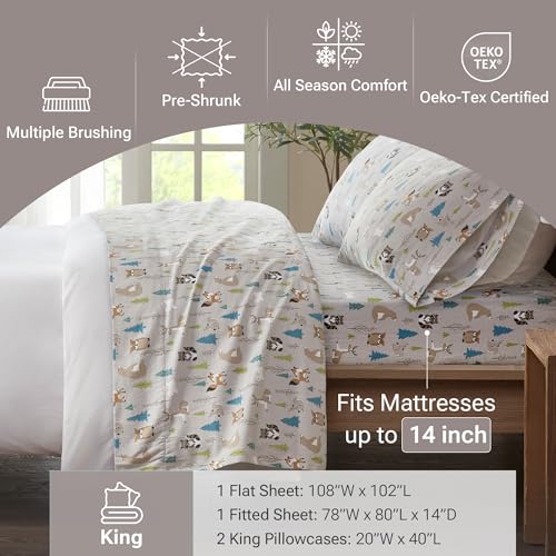 True North by Sleep Philosophy Cozy Flannel Warm 100% Cotton Sheet - Novelty Print Animals Stars Cute Ultra Soft Cold Weather Bedding Set, King, Multi Forest Animals 4 Piece