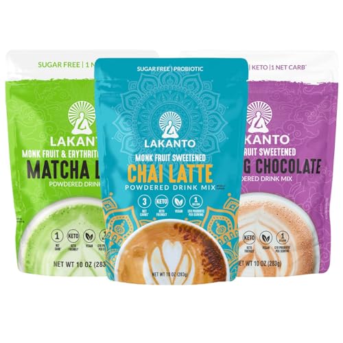 Lakanto Sugar Free Drinking Mix Bundle - Drinking Chocolate, Matcha Latte, Chai Latte, Easy to Make, Delicious, Enjoy Hot or Cold