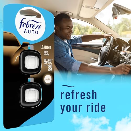 Image of Febreze AUTO Air Freshener, Odor-Fighting Automotive Vent Clip, Scented Car Accessories, Long Lasting for Strong Odors, Leather, 2 Count