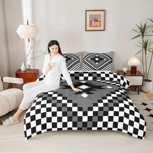 Image of Feelyou Aztec Bedding Set Soft for Boys Girls, Black White Checkered Comforter Set Full Size Boho Western Decor Duvet Quilt Microfiber Farmhouse Bedroom Decor 3 Pcs with 2 Pillow Cases