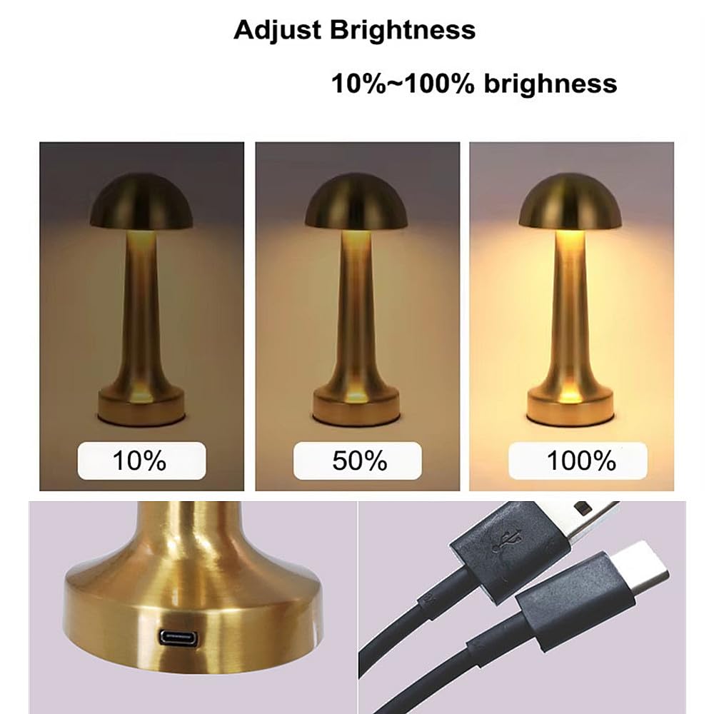 TRIXES Rechargeable Mushroom Lamp - Portable Cordless Table Lamp with 3-Colour Modes - Ambient Lighting - Antique Gold - Image 4