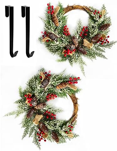 2 Pack Christmas Wreath for Front Door with Hangers, Winter Artif...