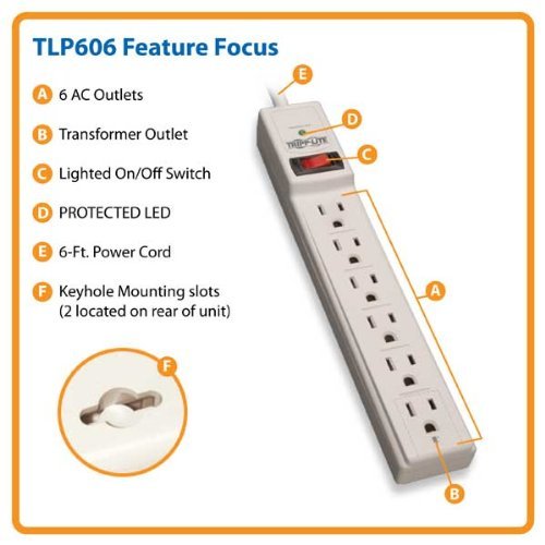 Tripp LITE TLP606 6-Outlet Surge Protector, 6 ft. Cord, 790 Joules, Diagnostic LED, Light Gray Housing