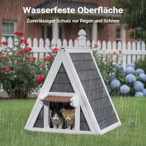 Wiltec Wetterfestes Katzenhaus 50 x 50 x 54 cm aus Holz, Katzenhütte Outdoor, Katzenhöhle mit Eingang und Fluchttür
