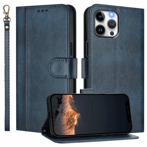 JanCalm for iPhone 12 Pro Max Case Wallet,Card Holder Cash Slots,Wrist Strap,Kickstand,Minimalist Designed Flip Cover,Premium PU Leather Protective (Blue)