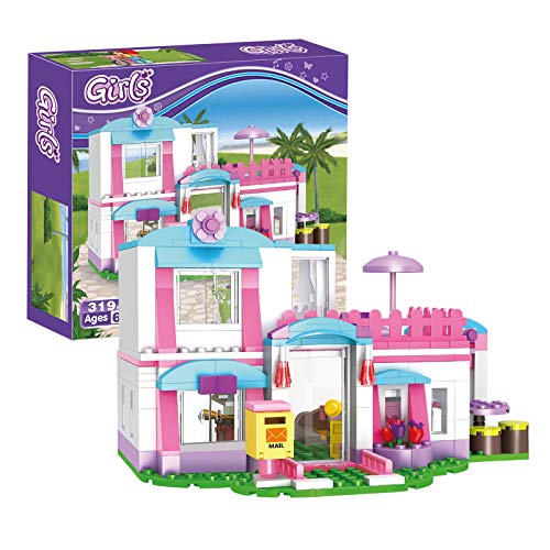BRICK STORY Girls Friends House Building Blocks Toys Pink Beach Villa Swing Sun Lounger Building Kit Bricks Toys for Girls Dolls House Construction Play Set Educational Toys for Kids 319 PCS 4544