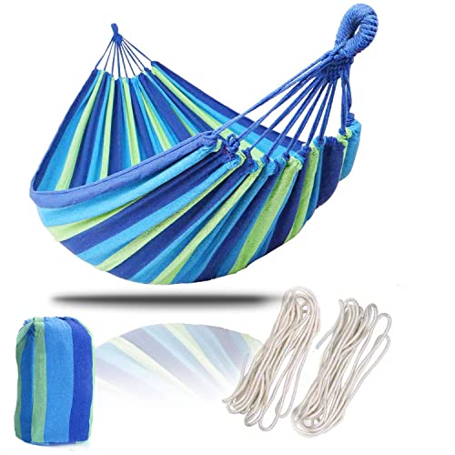 Hammock Colorful Multifunctional Camping Hammock, 8.5ft X 5ft Portable Double Parachute Hammock with Tie Rope Canvas Travel Hammocks for Outdoor BeachPatio Porch Garden Backyard Lounging (Blue Stripe)