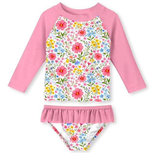 Funnycokid Girls Swimsuit Bathing Suit Swim Long Sleeve 2 Piece Rash Guard 4T 5T Set for Kids Pink Flower