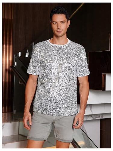 OYOANGLE Men's Sparkly Sequin Shirt Crew Neck Short Sleeve Shiny Tee Tops Nightclub Glitter T- Shirts4
