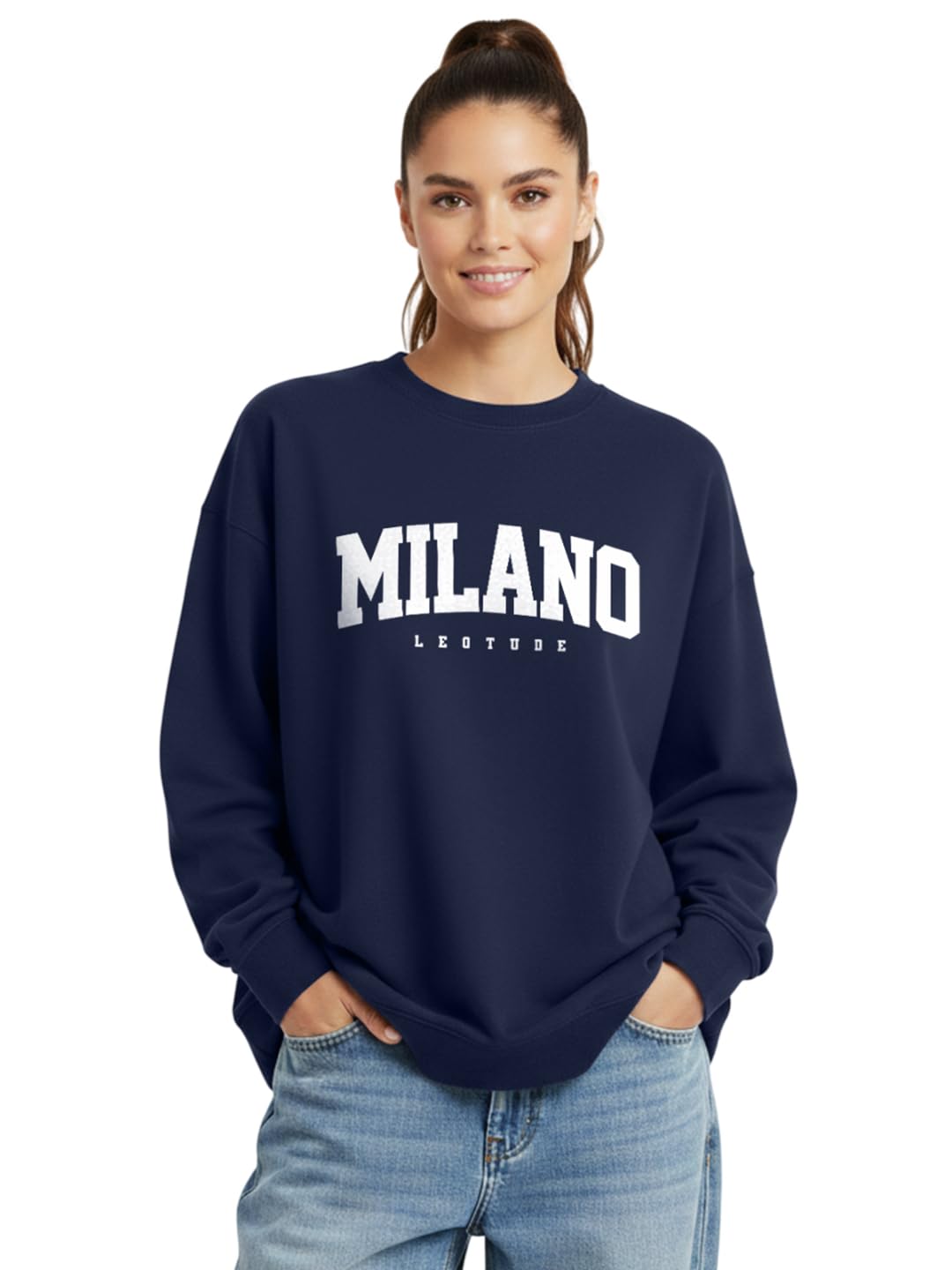 Women's Boyfriend/Loose Fit Full Sleeve Drop Shoulder Loopknit Round Neck Sweatshirt (Color Navy)