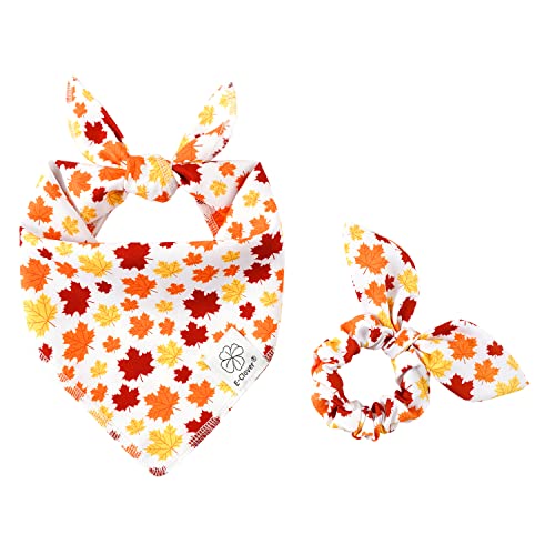 E-Clover Fall Dog Bandana & Matching Scrunchie Set Autumn Dog Scarf Bibs with Bow Hair Tie for Medium Large Dogs & Pet Owner