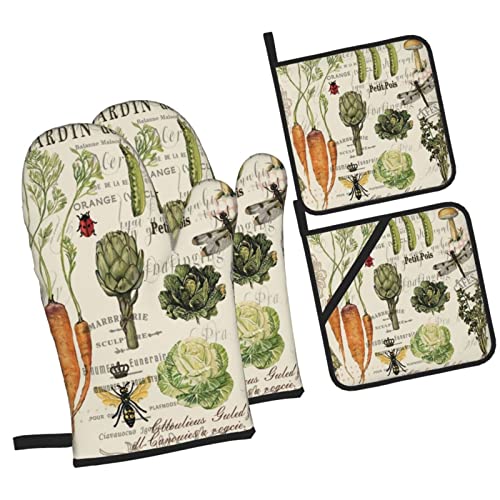 Donmyer DONMYER-POTHOLDER-2 Modern Vintage French Vegetable Garden Oven Mitts And Pot Holders Sets Of 4 Oven Mitts Heat Resistant Oven Gloves Set Potholders thumb #1