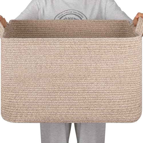 Image of SIXDOVE 95L Cotton Rope Large Blanket Basket (24" x 16.9" x 14.2") for Living Room, Kids Room & Laundry, Storage Basket with Handle for Organizing Blankets, Pillows, Clothes & Toys, Brown