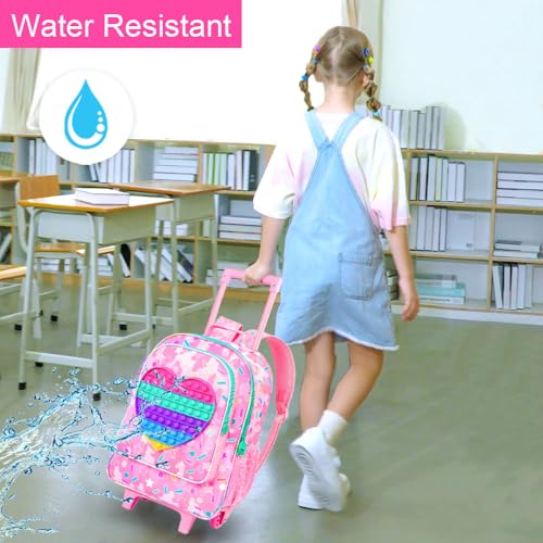 4PCS Love Rolling Backpack for Girls - Cute Wheeled School Set with Lunch Box,Water Resistant Roller School Backpack on Wheels for Elementary Kids Travel 7