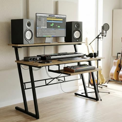 Image of FFO Music Studio Desk | Music Studio Desk with Keyboard Tray | Workstation,Laptop PC Computer, Music Instrument Table for Music Producers | (120L x 60W x 100H CM) | DIY - Brown