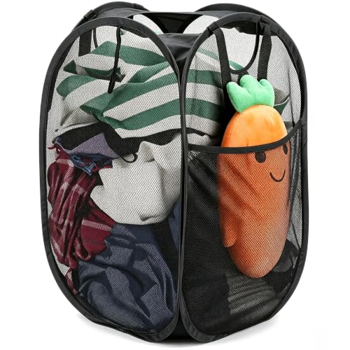 Image of HOUSE AGAIN Strong Mesh Pop Up Laundry Hamper, 70L Collapsible Laundry Basket with Steel Frame, Double‑Stitched Handles & Side Pocket, Foldable Dirty Clothes Hamper for Dorm, Bedroom, Black