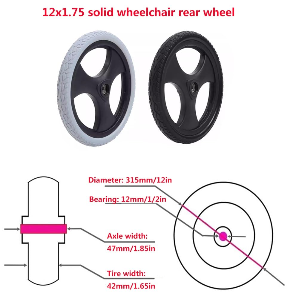 12 Calowy Ręczny Tylny Zestaw Kół do Wózka Inwalidzkiego, Opona Solidne PU 12x1,75, Wymiana Koła Wózka Inwalidzkiego, Łożysko: 12 mm(Noir)