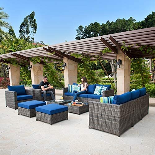 Ovios Patio Furniture Set, 12 Pcs Big Size Outdoor Furniture Set All Weather Rattan Wicker Sofa Sectional Set With Glass Table cover