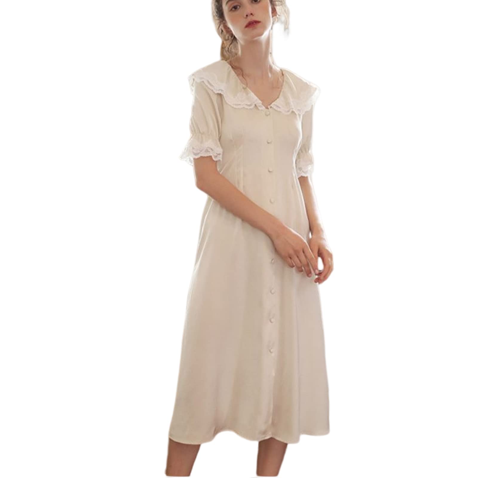 YAROVA Damen Nachthemden - Süße Spitze Nachtwäsche Sommer Kurzarm Lange Nachthemden Damen Vintage Seide Home Wear Nachtkleid Dessous Pyjama Loungewear