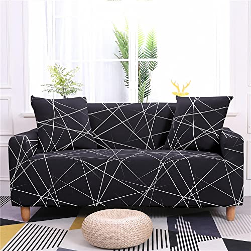Krisin Stretch Sofa Slipcover, Black Line Print Sofa Cover, Elastic Fabric Printed Armchair Loveseat Couch 1/2/3/4 Seater Living Room Sofa Covers Pet Protector Mat Cushion Cover #TOP4