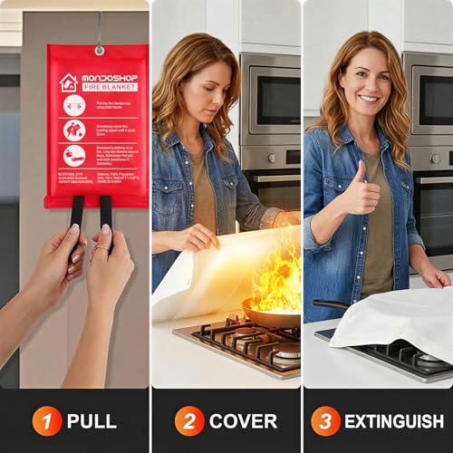 Image of Mondoshop Fire Blanket for Home and Kitchen, 4 Pack, 40 inch x 40 inch Coverage | Reusable, High Temperature Resistance, Non-Toxic & Chemical-Free, Compact & Easy to Store, Personal Protection