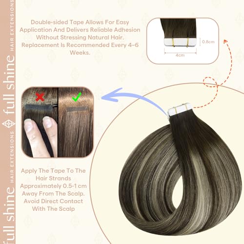 Image of Full Shine Tape in Extensions, Dark Brown Ash Blonde Ombre 14 Inch | 50g 20PCS, Straight Invisible Tape Ins Human Hair Extensions, Seamless Skin Weft Soft Finish for Daily Natural Styling