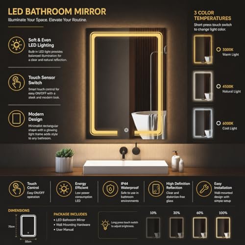 Image of LED Smart Bathroom Mirror with Touch Sensor | 3-in-1 Light Modes - Warm White | Cool White & Natural Light | Office and Home Use (Portrait, 18x24)