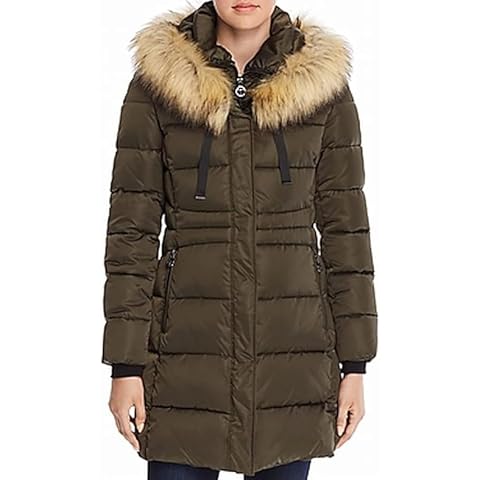 T Tahari Women's Fitted Puffer Coat with bib Detail and Faux Fur Strip, Olive, Small Cover