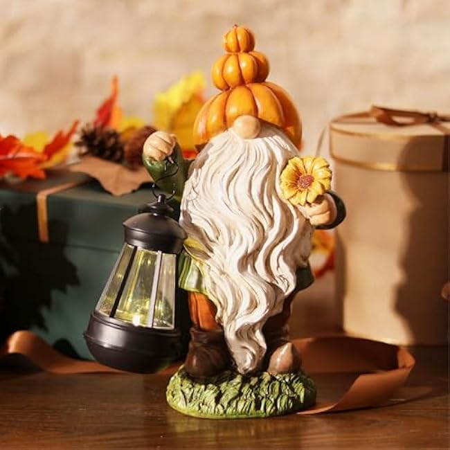 TERESA'S COLLECTIONS Fall Decor, Pumpkin Gnomes Decoration, Autumn Gnome Holding Lantern with Solar Lights, Waterproof Fall Gnomes Resin Outdoor Fall Decor, Fall Gift Outdoor/Indoor, 11.6