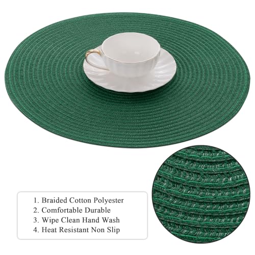 Image of SHACOS Dark Green Round Placemats Set of 6 Cotton Polyester Braided 15 inch Washable Kitchen Dining Table Place Mats Christmas Table Mats for Home Wedding Party Decor