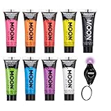 Hecho en el Reino Unido. Moon Glow - Pintura corporal y facial intensa de neón UV - Juego de 9 de 12 ml - incluye llavero UV