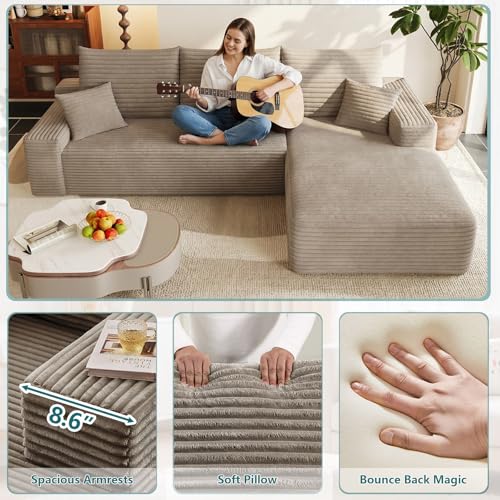 Image of 95 inch Modular Sectional Couch, Boneless L Shaped Cloud Sofa with Chaise Lounge, Corduroy Upholstered Couches Memory Foam Deep Seat, No Assembly Required, Ideal for Living Room(Camel, Right Facing)