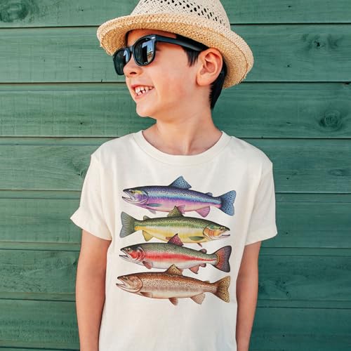 Abstract Colorful Rainbow Trout Shirt - Kids Fishing Trip With Dad Outfit - Cute Lake Fish Species In A Row - Natural Boho Toddler & Youth T-Shirt2