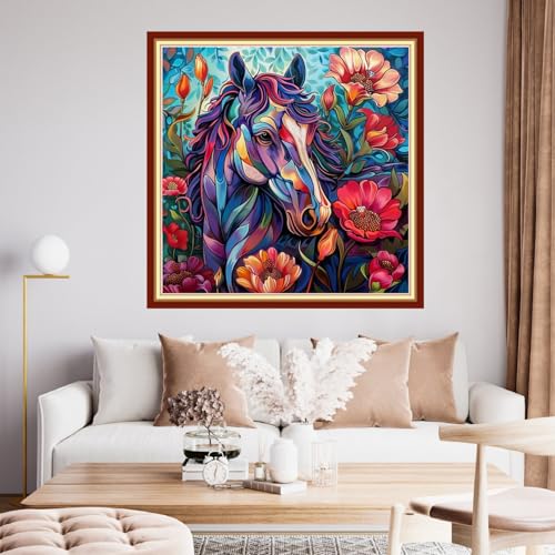 Image of Funchey Stamped Cross Stitch Kits, DIY Cross Stitch Pattern for Adults Beginners Needlepoint Kits Embroidery Kit Arts and Crafts 11CT&Colorful Steed Flowers 18x18 inchs
