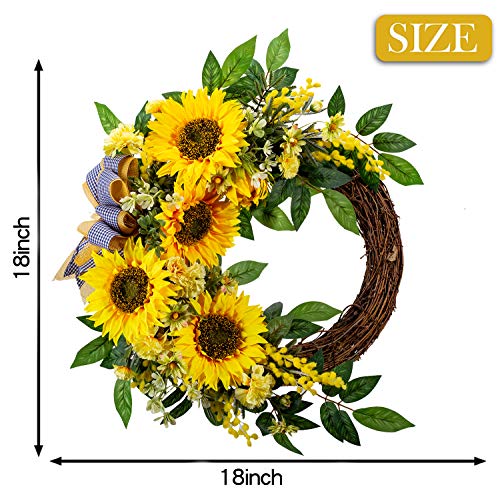 Wanna-Cul 18 Inch Spring Artificial Sunflower Wreath For Front Door,Yellow Decorative Summer Floral Door Wreath With Daisy,Green Leaves And Linen Ribbon For Wall Or Home Decoration #TOP4