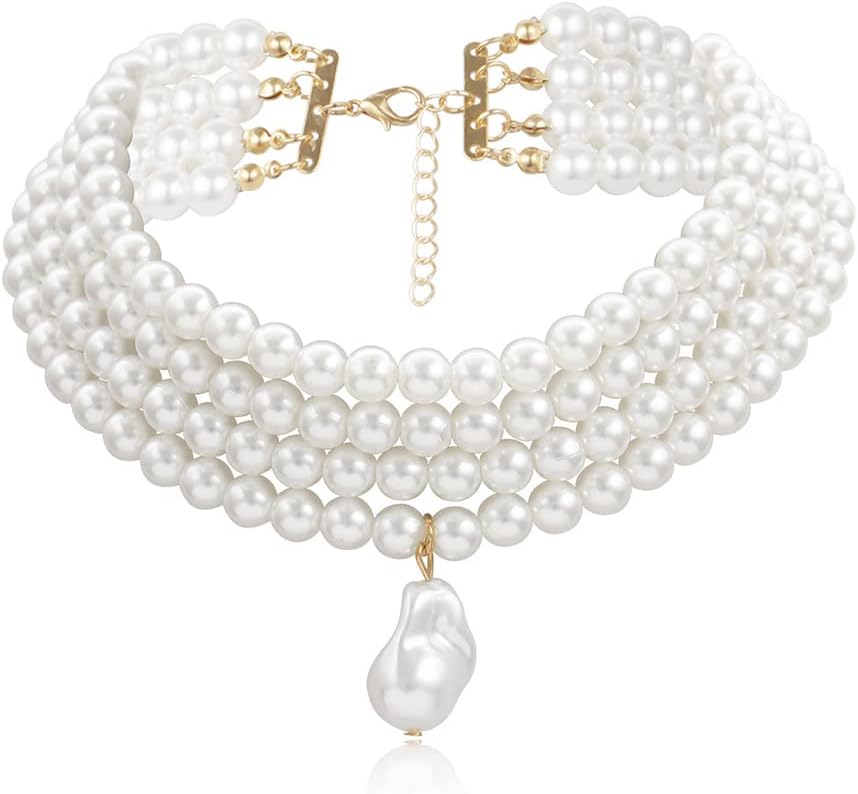 Pearl Strand Choker Necklaces Pearl Statement Round Beads Necklace Bib Big Simulated Pearl Women's Faux Pearl Choker 20s Flapper for Brides Wedding Anniversary Style2-2436