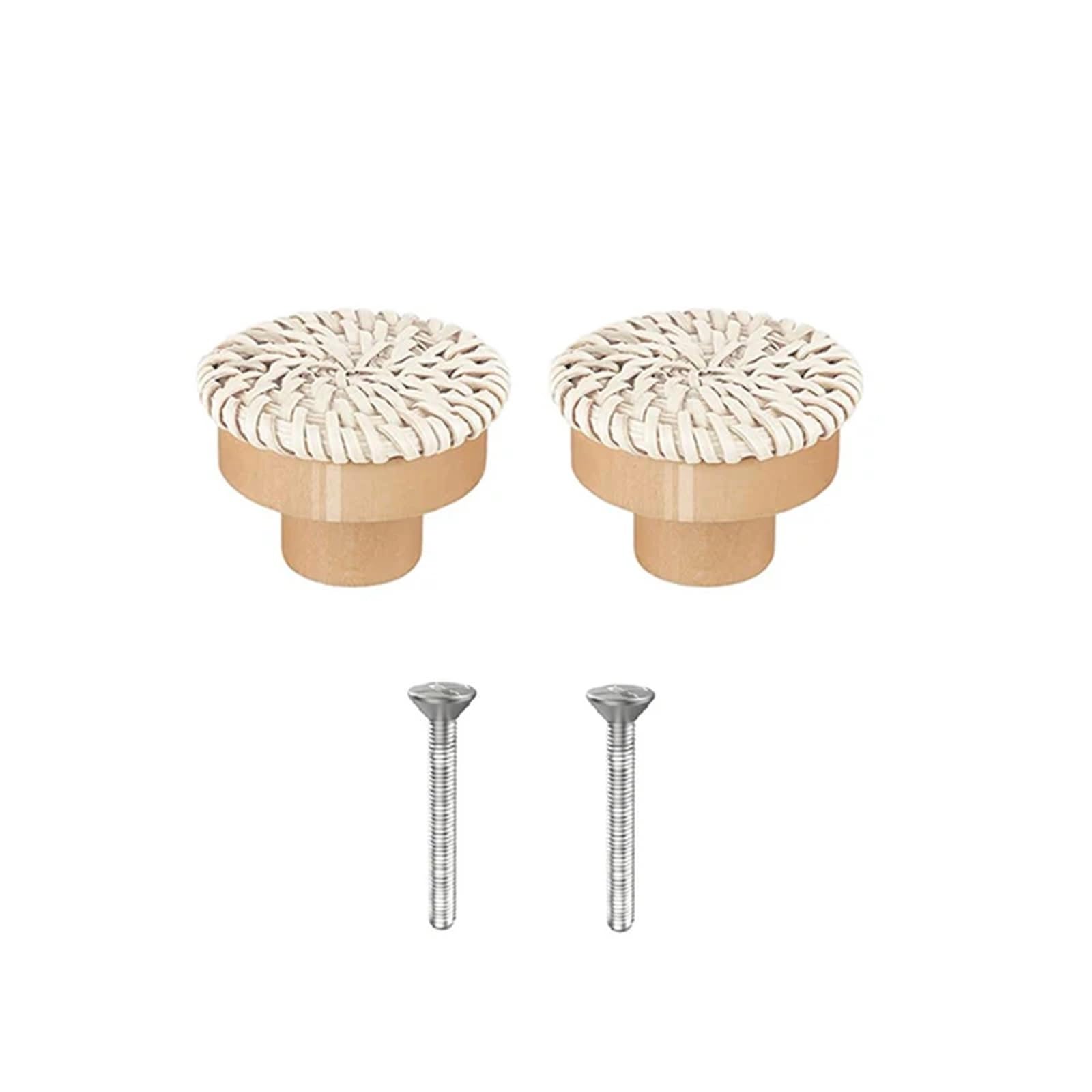 UBOHUZ 2Pcs Rattan Dresser Knobs Round Wooden Drawer Handmade Wicker Woven and Screws for Furniture for Cupboard, Wardrobe(White-2pack)