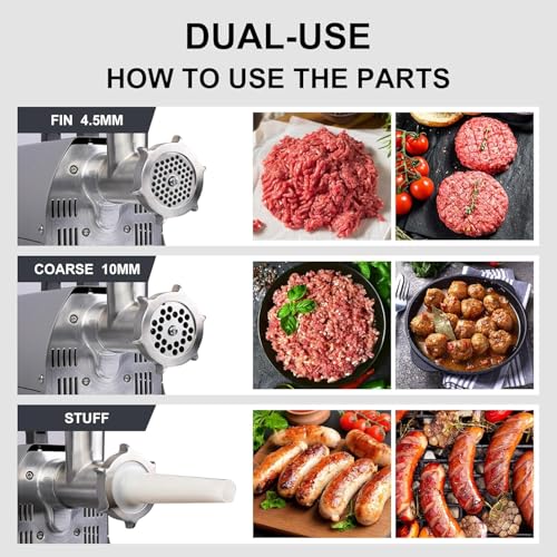 TOOGOOD #8 Commercial Electric Meat Grinder with Sausage Sufffer, 0.4 HP, 260lbs/H, All Stainless Steel Powder Coating, Heavy Duty Industrial Meat Grinder, Ideal for deer processing, pet food