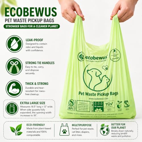 Image of 100% Compostable XL Pet Waste Bag (120 ct.) Plant-Based Cat Litter Bags Cornstarch-Based Doggy Poop Bags with Handles Compost Liners US BPI ASTM D6400 & OK Compost Home Certified (120 ct)