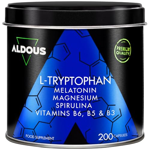 200 Gélules Tryptophane 600mg + Mélatonine et Magnésium + Vitamines B6, B5, B3 + Spiruline - Hautement Dosé pour un Sommeil Réparateur - 1,78mg de Mélatonine - L-Tryptophane Pour Bien Dormir - ALDOUS