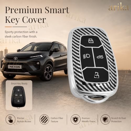 Image of arika Key Cover Compatible with Tata Harrier | Safari | Nexon | Altroz | Tigor | EV | Punch | Tiago EV Electric - 4 Button Smart Key , Sterling Silver Carbon Series