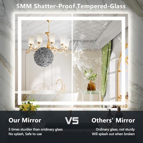 Image of 44x32 Inch LED Bathroom Mirror with Lights Front and Backlit Lighted Vanity Mirror for Bathroom Wall with 3 Colors Dimmable Anti-Fog Memory Shatter-Proof IP54 Waterproof Horizontal /Vertical