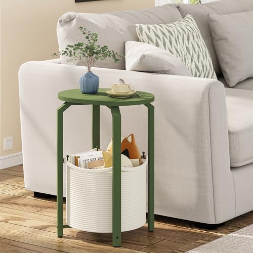 TUTOTAK Oval End Table with Woven Storage Basket Olive Green Small Side Table for Living Room Bedroom TB01BOG093